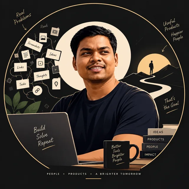 Illustrated portrait of Vikas Sahani smiling beside a laptop, with scattered notes on one side and a winding path toward useful products on the other.